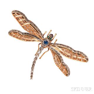 Appraisal: Antique Gold Diamond and Gemstone Dragonfly Brooch with movable wings