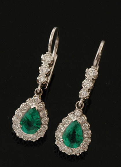 Appraisal: A pair of emerald and diamond drop earrings Each set