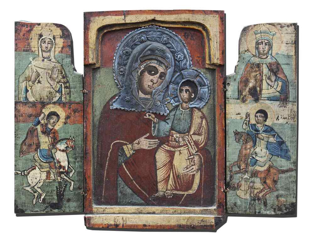 Appraisal: TRI-PANEL ICON WITH MADONNA AND CHILD Triptych depicting on the