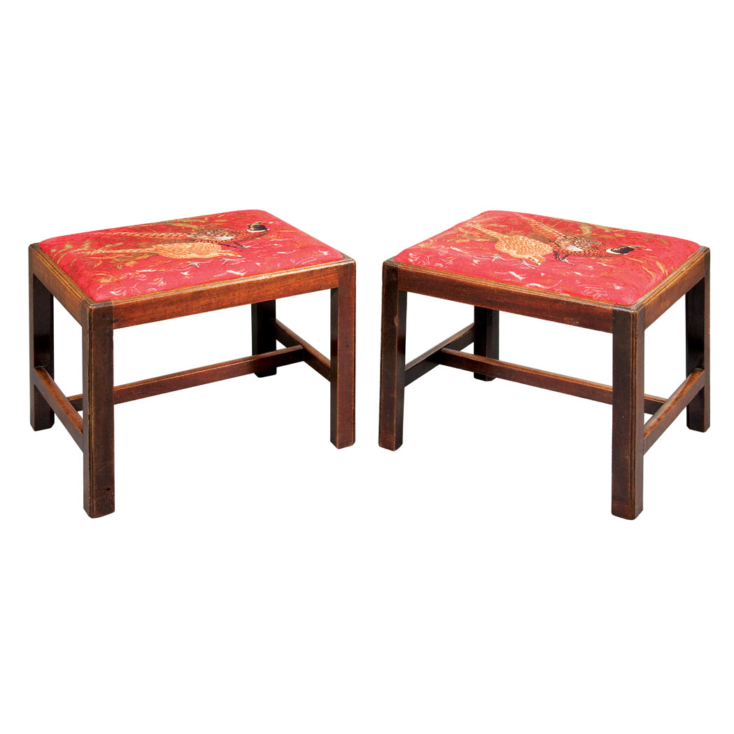 Appraisal: Pair of George III Mahogany Stools Each rectangular padded drop-in