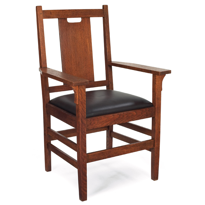 Appraisal: Gustav Stickley armchair ''H'' back form with a recovered leather