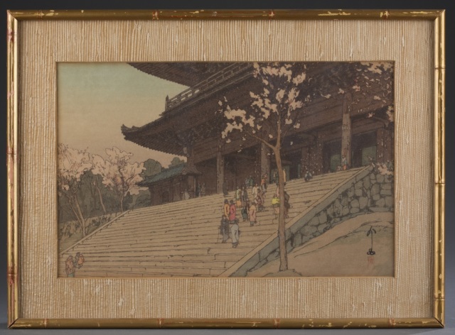 Appraisal: Hiroshi Yoshida Japanese - Temple Gate Woodblock Character marks on