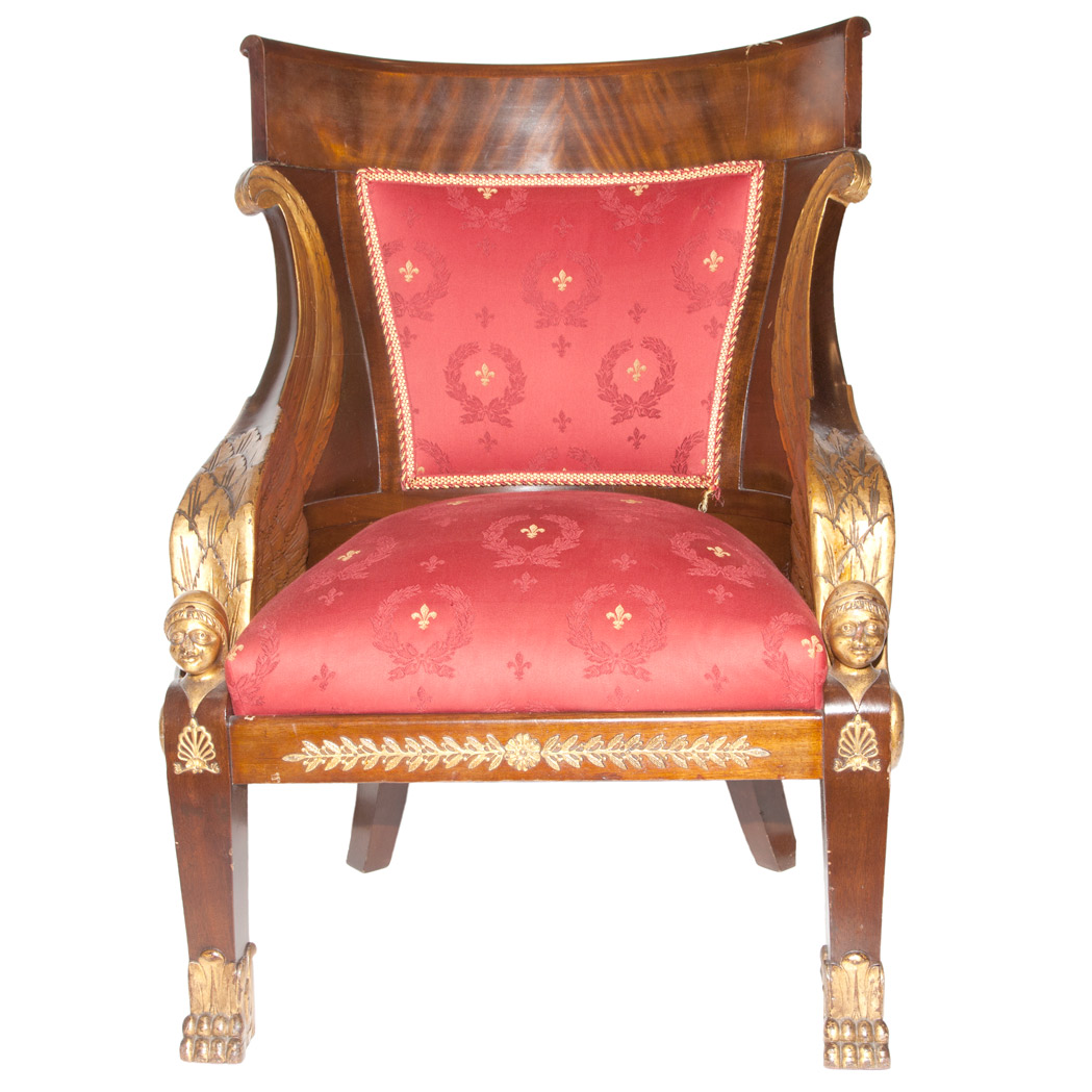 Appraisal: Empire Style Carved and Parcel Giltwood Mahogany Throne Chair Second