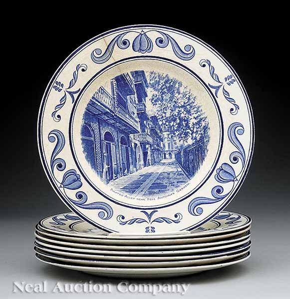 Appraisal: A Group of Eight Staffordshire Blue-on-White Earthenware New Orleans Scenic