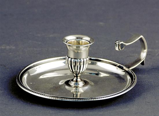 Appraisal: Georgian sterling silver chamberstick London dated engraved armorial-shaped pan with