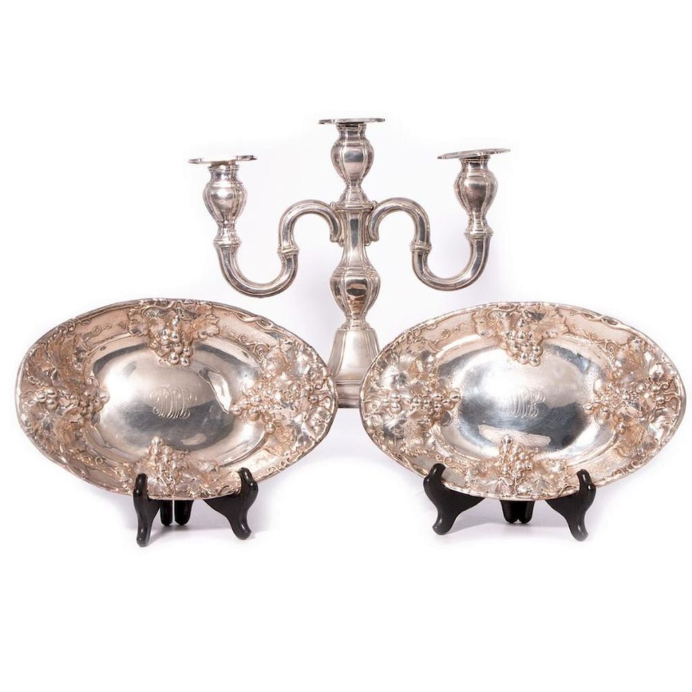 Appraisal: Sterling Pair of Oval Trays Three Light Candleabra Sterling Pair