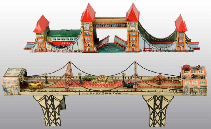 Appraisal: Lot of Tin Litho Bridge Toys Description Includes one Marx