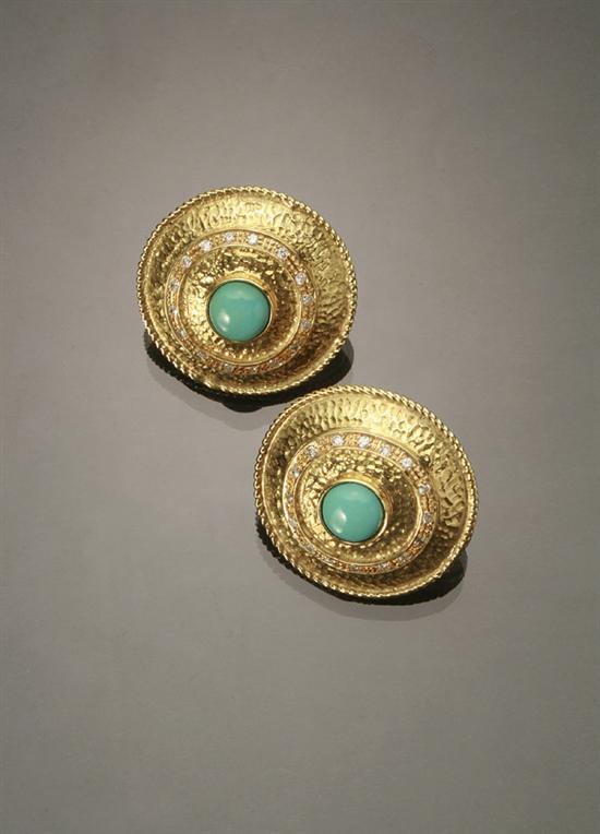 Appraisal: Pair of -Karat Yellow-Gold Diamond and Turquoise French Clip-Back Earrings