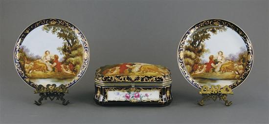 Appraisal: Continental porcelain ensemble comprised of trinket box H W D