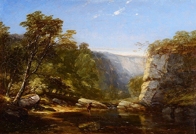 Appraisal: FOLLOWER OF DAVID BATESRiver landscape with rocky escarpment and angler