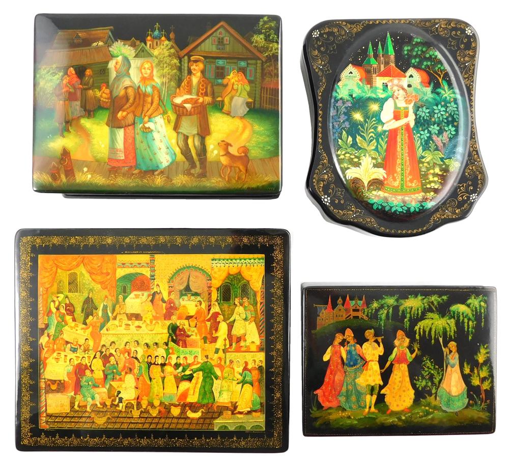 Appraisal: Russian hand-painted lacquer boxes group of four all peasant village