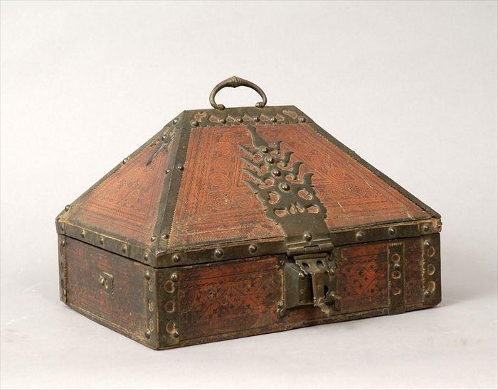 Appraisal: Renaissance-Style Iron-Bound Painted Leather Casket x x in