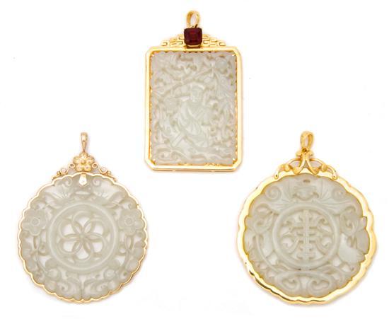 Appraisal: Group of Three Gold Mounted White Jade Plaques comprised of