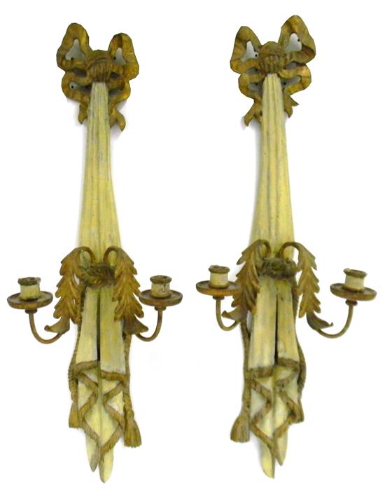 Appraisal: Pair tasseled drapery form wall sconces painted wood and gilded