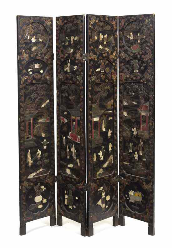 Appraisal: A Chinese Four-Panel Floor Screen having raised lacquer hardstone and