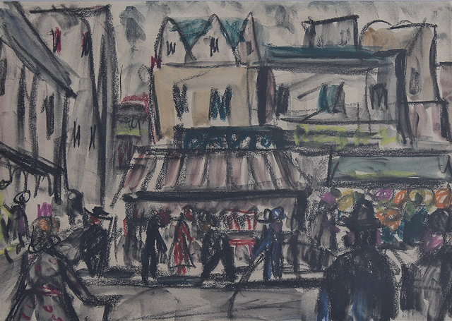 Appraisal: A TH CENTURY STREET SCENE with figures- Pastel on paper