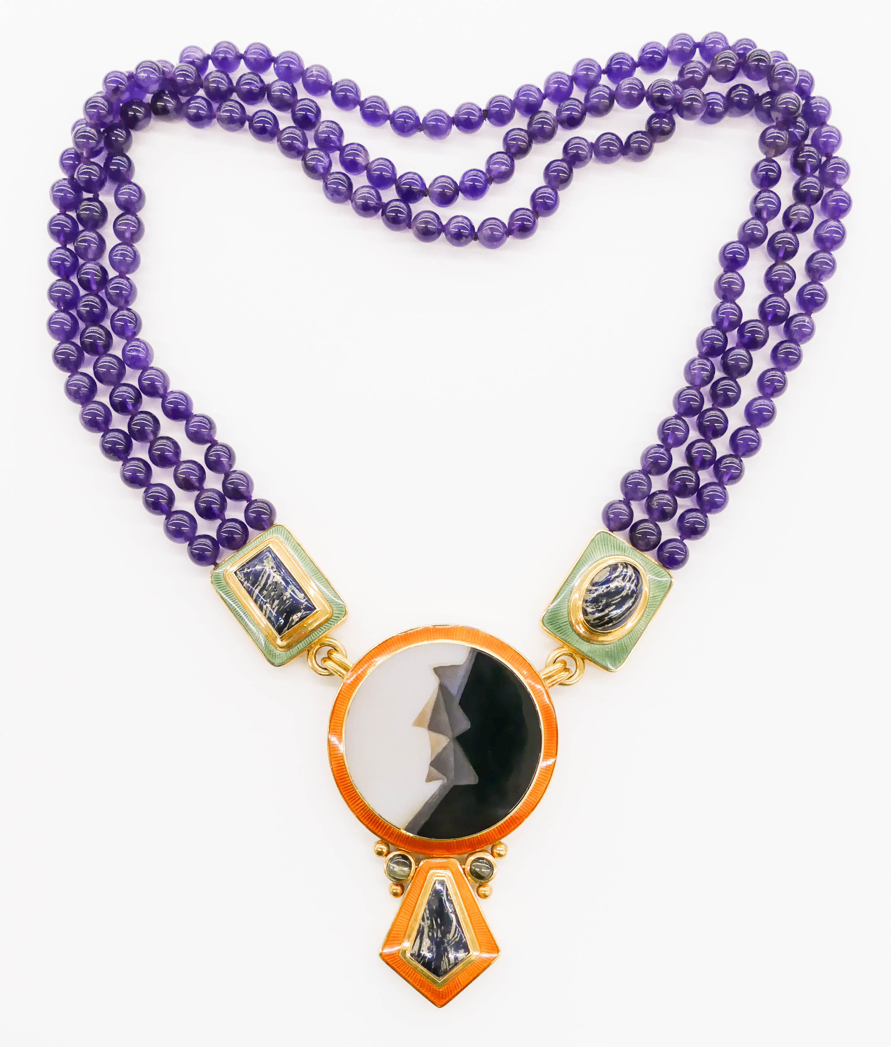 Appraisal: Leo De Vroomen k Enameled Amethyst Necklace A triple strand