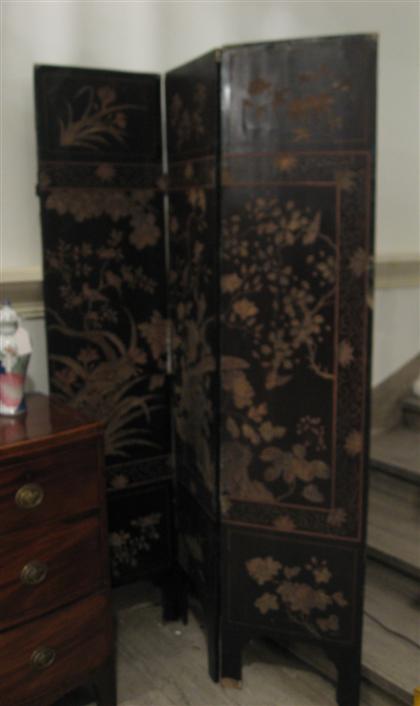 Appraisal: Japanese black lacquered three-panel floor screen Depicting Chinese figures in