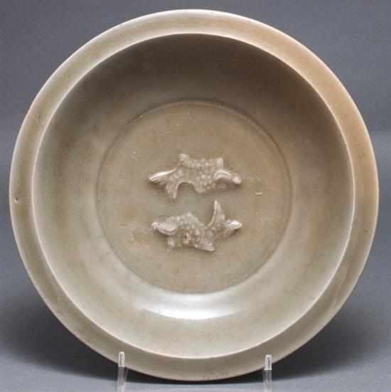 Appraisal: Chinese celadon glazed stoneware dish with carp relief decoration th