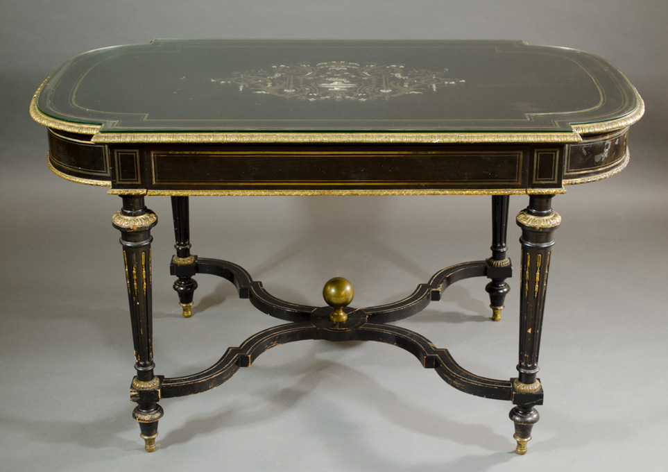 Appraisal: LOUIS XVI STYLE INLAID EBONIZED AND ORMOLU MOUNTED MAHOGANY CENTER