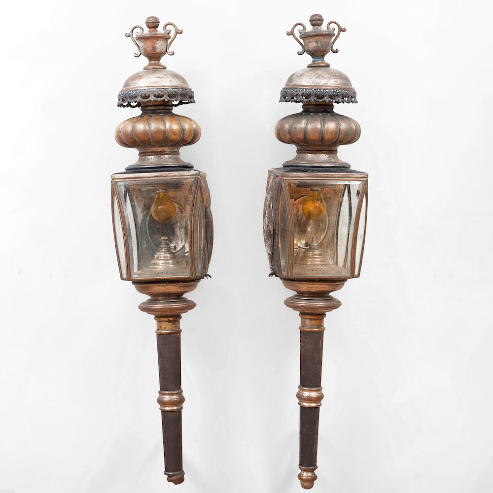 Appraisal: Pair of Large Brass Carriage Lanterns Fitted with beveled glass