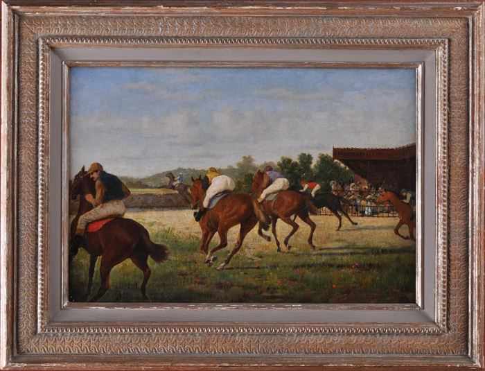 Appraisal: EUROPEAN SCHOOL HORSE RACE Oil on canvas x in bearing