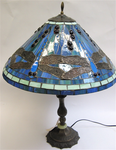 Appraisal: STAINED LEADED GLASS DRAGONFLY TABLE LAMP the conical shade in