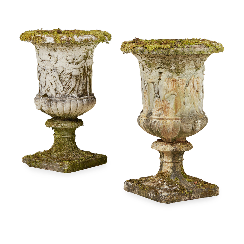 Appraisal: PAIR OF LARGE COMPOSITION STONE URNS AND STANDS TH CENTURY