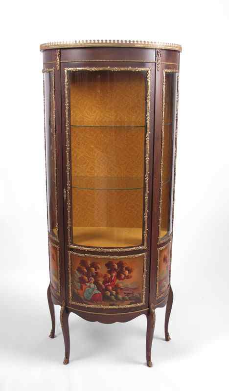 Appraisal: PAINT DECORATED ORMOLU ACCENT DISPLAY CABINET Brass gallery with applied