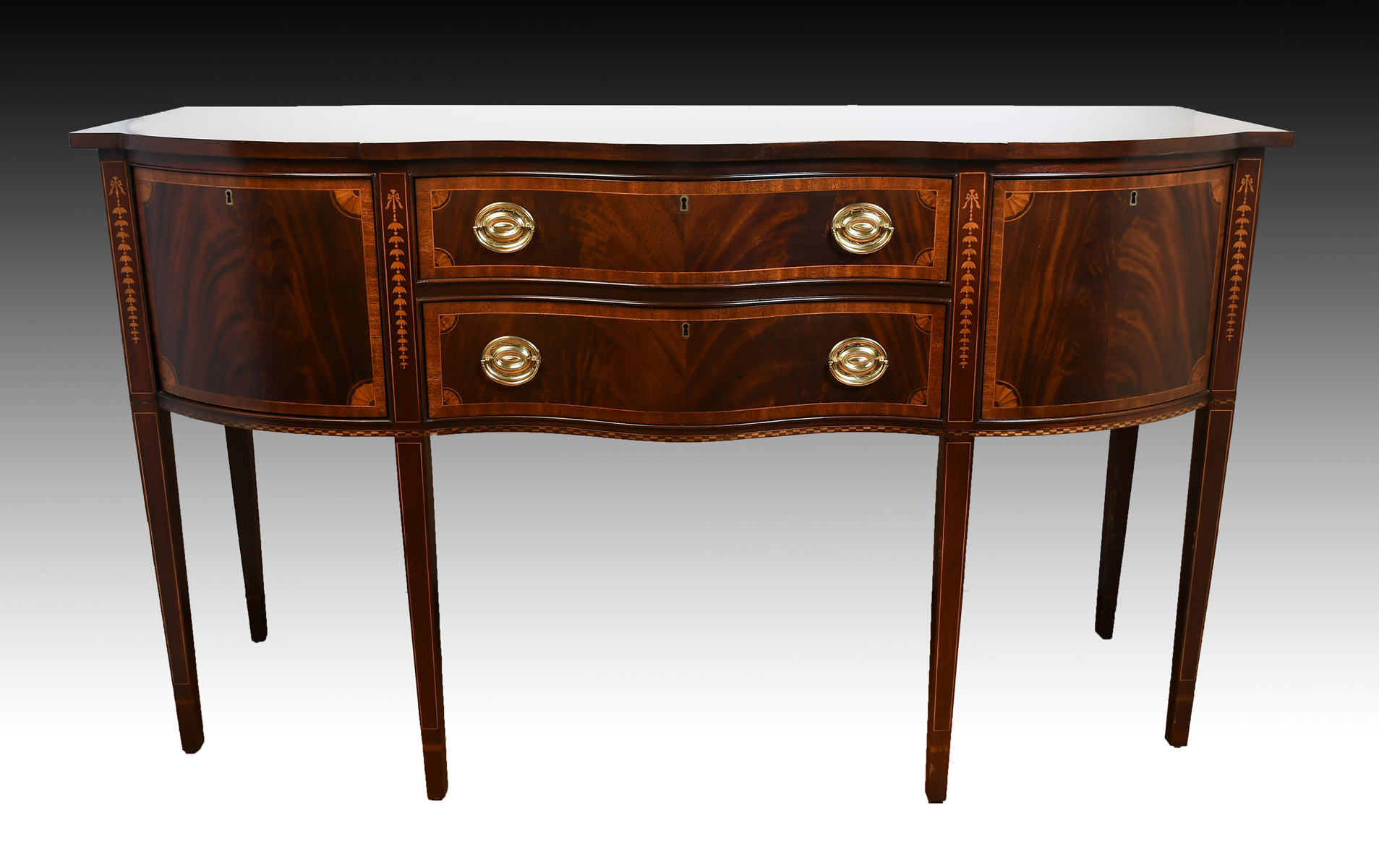 Appraisal: MAHOGANY HEPPLEWHITE STYLE SIDEBOARD Mahogany sideboard by ''Councill Craftsmen'' having