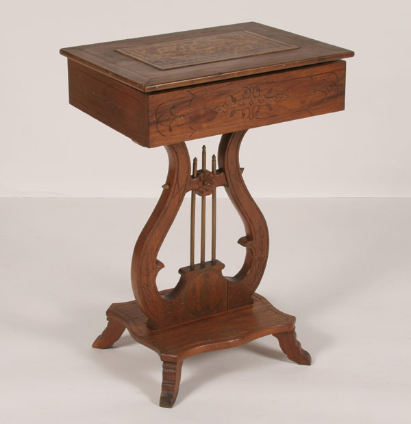 Appraisal: Lyre base stand work table floral inlay in lift top