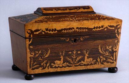 Appraisal: REGENCY ROSEWOOD BIRD'S EYE MAPLE MARQUETRY-INLAID TEA CADDY The hinged