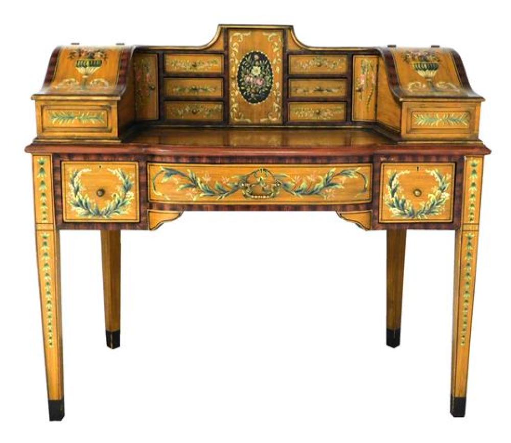 Appraisal: Faux painted lady's desk laminated polychrome decoration motifs include bellflower