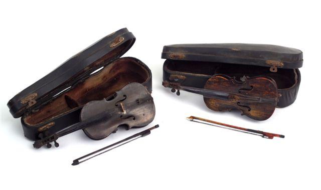 Appraisal: PAIR OF APPRENTICE MINIATURE VIOLINS th CENTURY each with bow