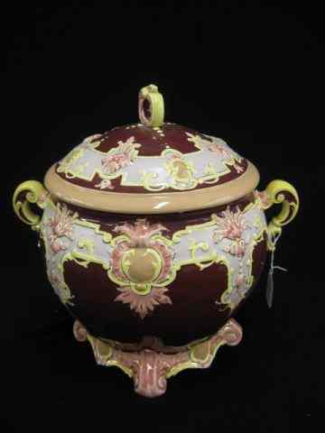 Appraisal: Majolica Pottery Covered Tureen burgundy field handles