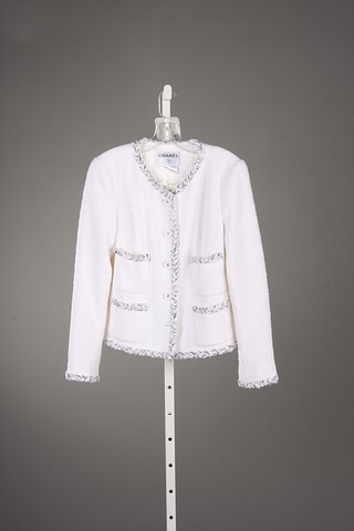 Appraisal: Chanel white wool jacket with white black signature trim Size