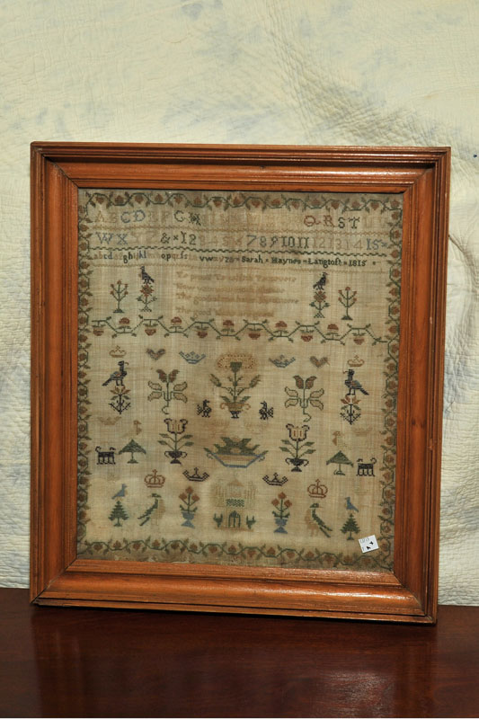 Appraisal: FRAMED SAMPLER Dated wrought by Sarah Haynes Langtoft With blackbirds