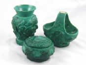 Appraisal: Malachite glass A basket with original paper label ht cm