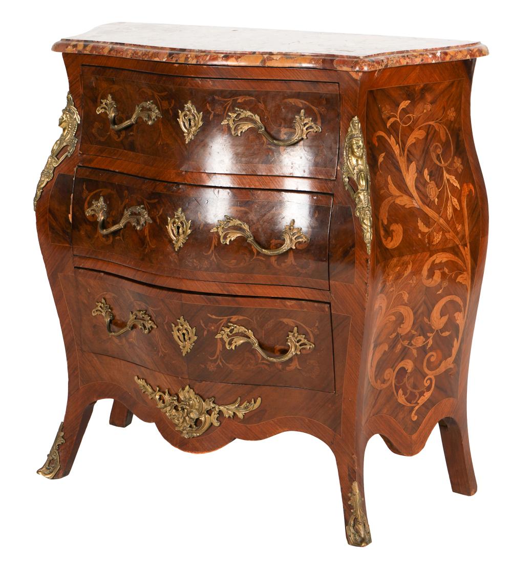 Appraisal: MARQUETRY BOMBE COMMODEwith marble top and gilt metal mounts Condition