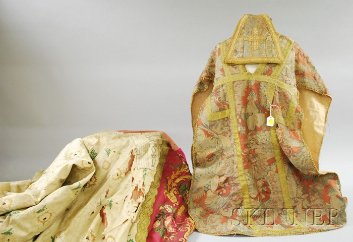 Appraisal: Three European Embellished Brocade Vestments Large brocade with hole fraying