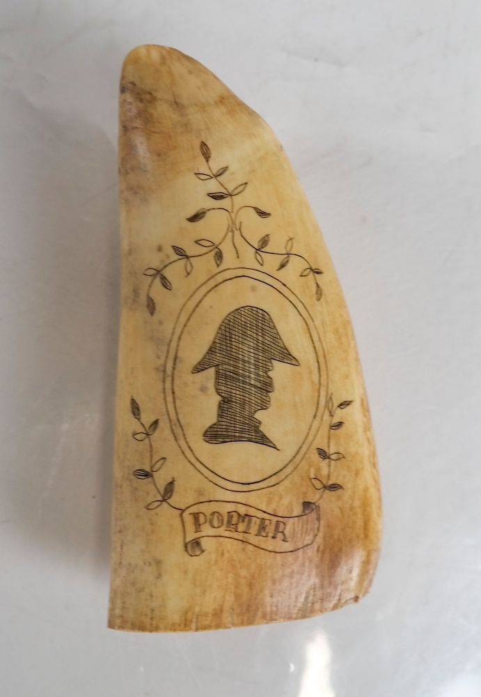 Appraisal: Double-Sided Scrimshaw Tooth Carving Engraved on both sides one side