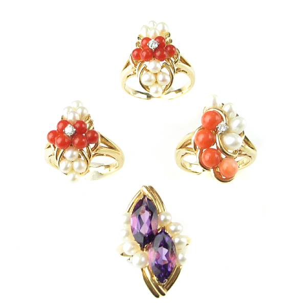 Appraisal: A group of four amethyst freshwater pearl coral diamond and