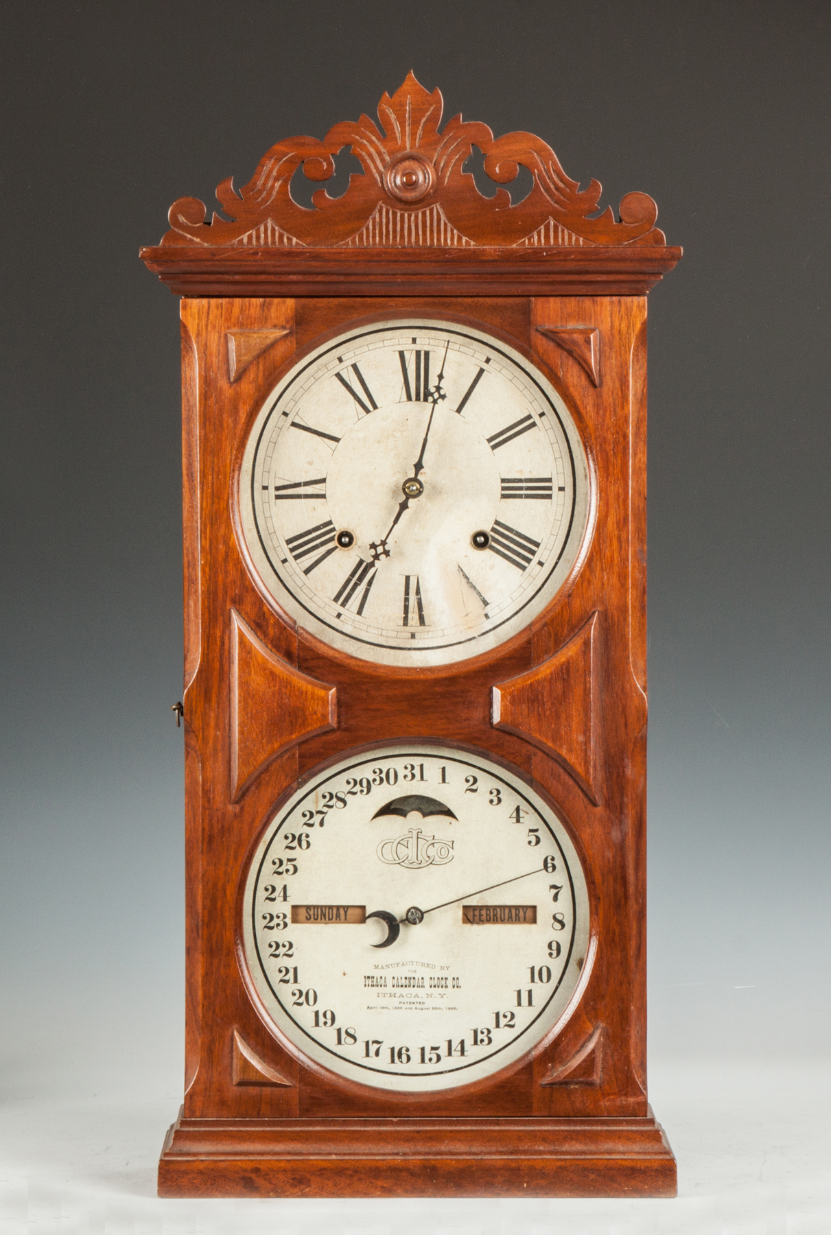 Appraisal: Ithaca Double Dial Calendar Clock Walnut case some restorations refinished