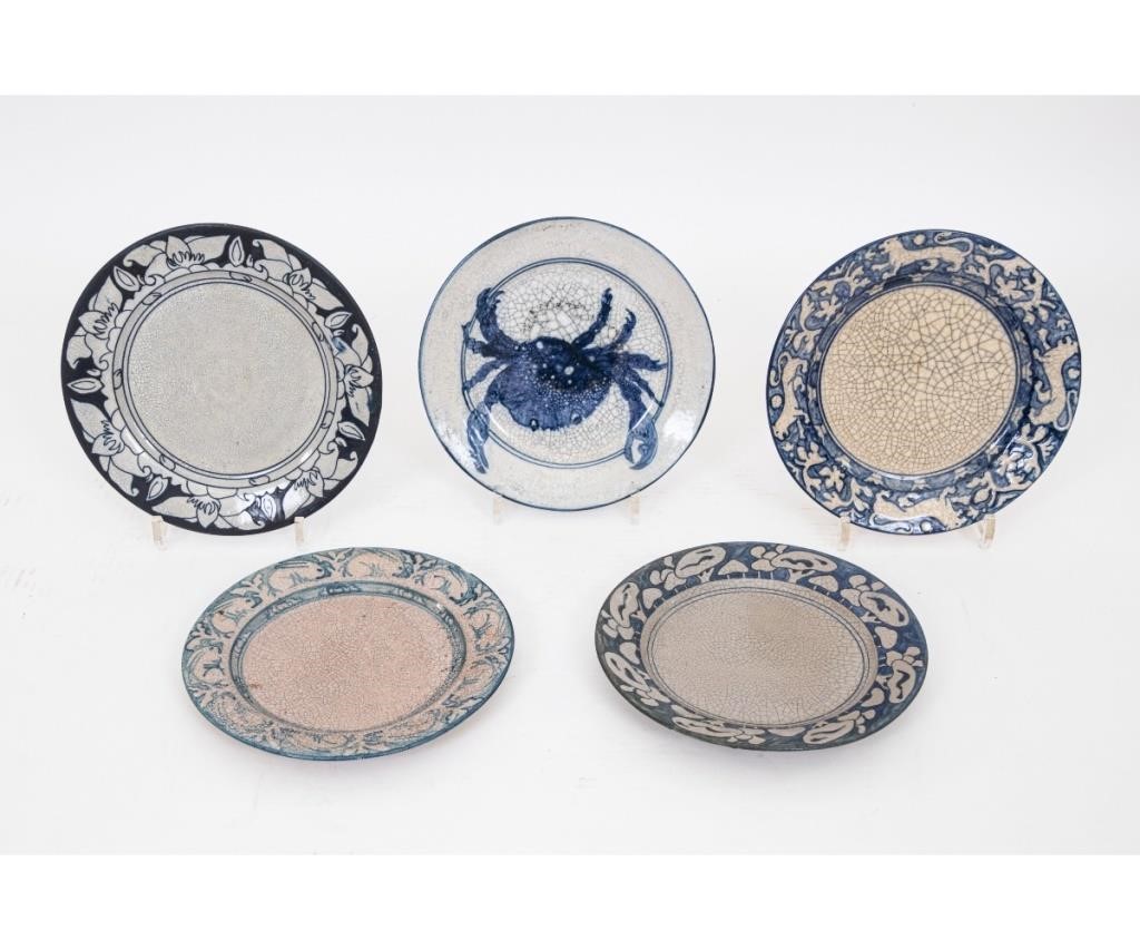 Appraisal: Five Dedham crackleware plates to include a rare crab example