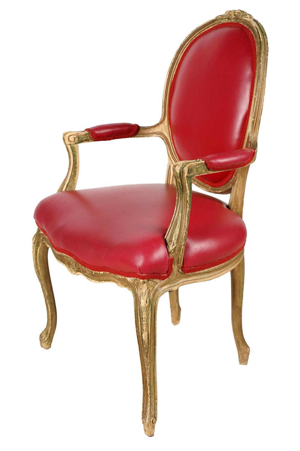 Appraisal: LOUIS XV-STYLE PAINTED WOOD FAUTEUILcovered with red leather Provenance The