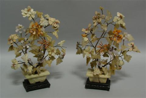 Appraisal: PAIR OF CHINESE HARDSTONE AND JADE TREES Each fashioned as