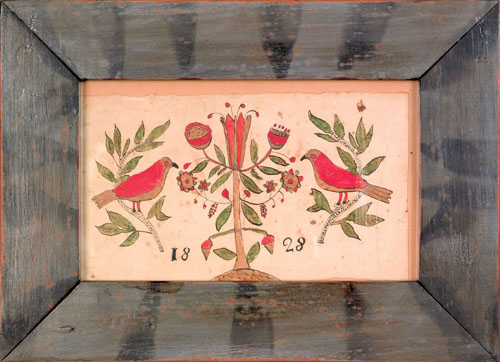 Appraisal: Southeastern Pennsylvania ink and watercolor fraktur dated depicting two birds