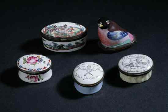 Appraisal: FIVE BILSTON AND STAFFORDSHIRE ENAMEL PATCH BOXES late th century