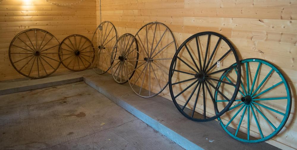 Appraisal: SEVEN LARGE ANTIQUE BUGGY WHEELS all wood construction with iron