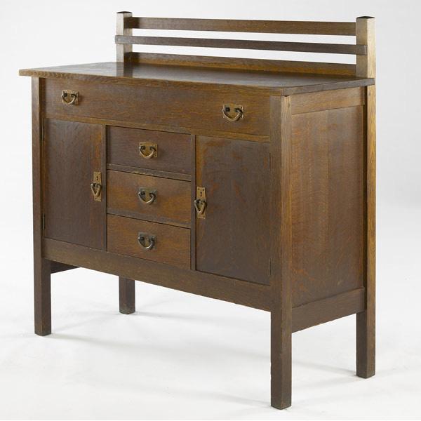 Appraisal: GUSTAV STICKLEY Sideboard no with hammered copper hardware Branded signature